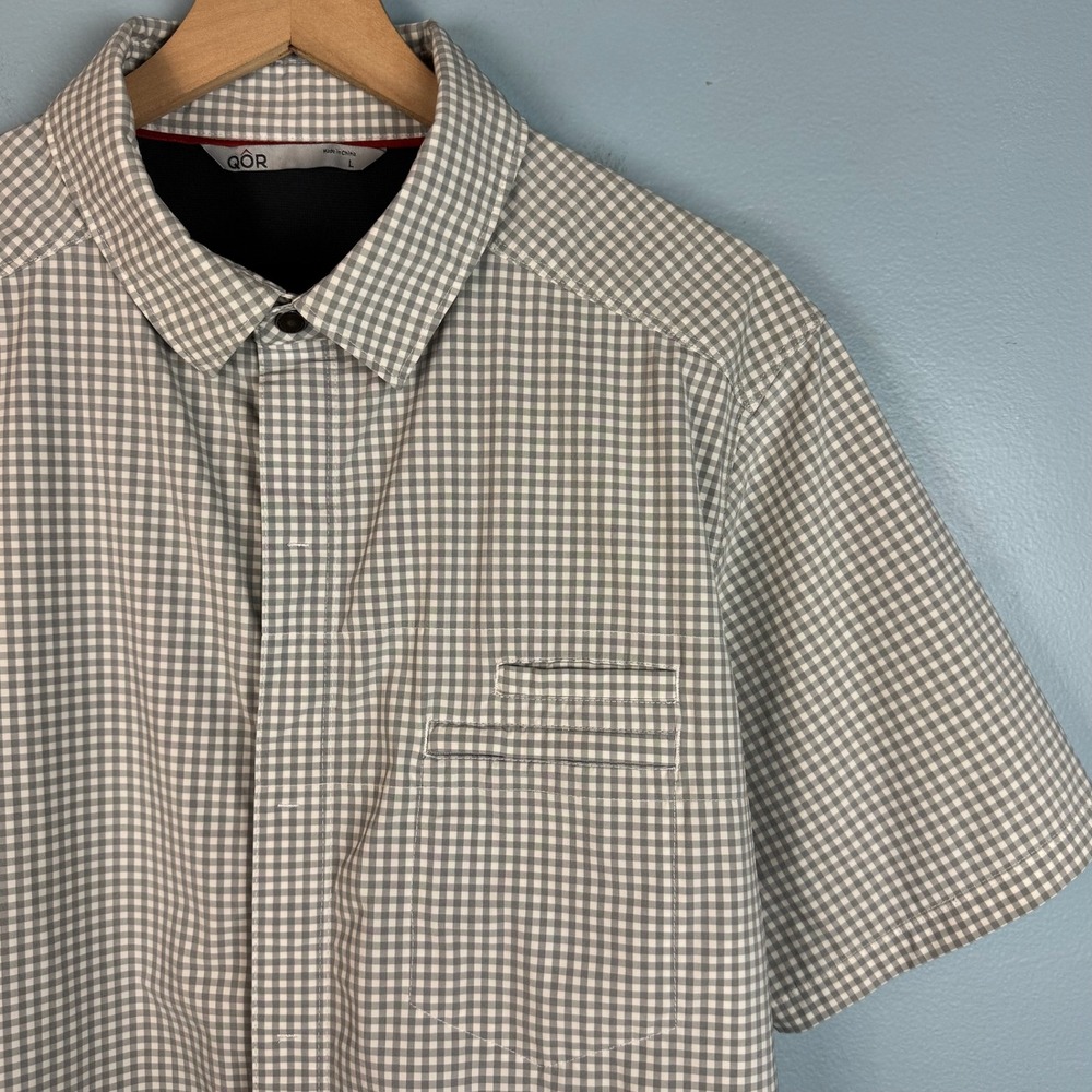 QOR Men Large Gray Gingham Short Sleeve Performance Button Up Short Sleeve Shirt